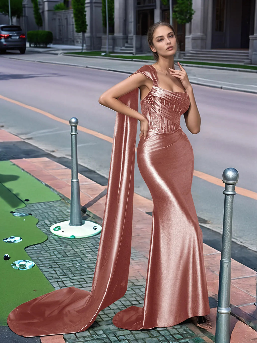 One Shoulder Lace Long Prom Dress With Drop Train