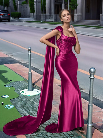 One Shoulder Lace Long Prom Dress With Drop Train