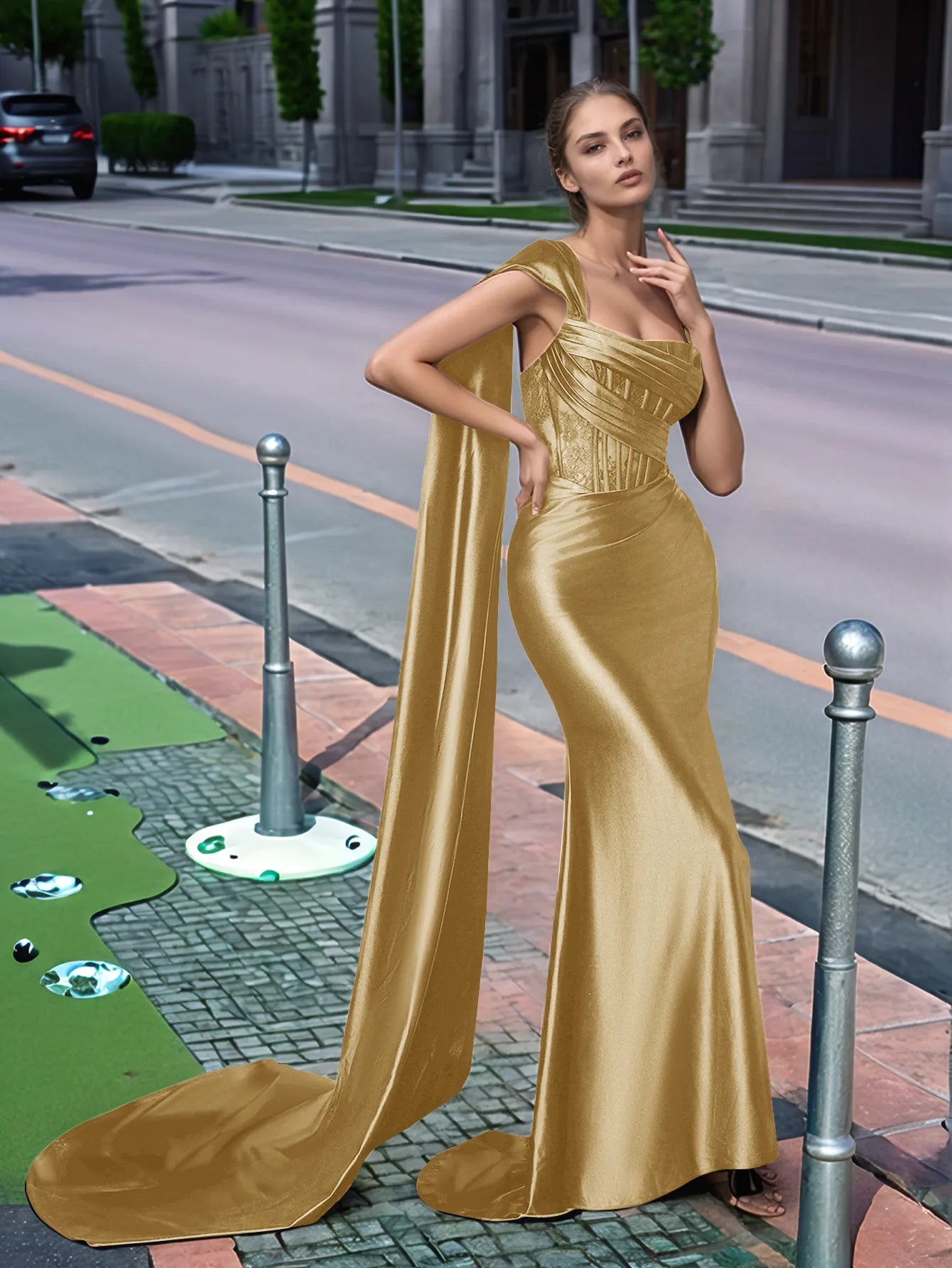 One Shoulder Lace Long Prom Dress With Drop Train