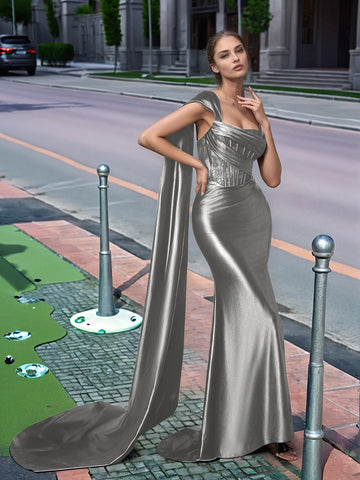 One Shoulder Lace Long Prom Dress With Drop Train