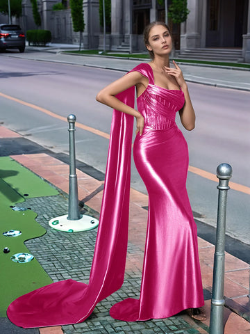 One Shoulder Lace Long Prom Dress With Drop Train