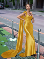 One Shoulder Lace Long Prom Dress With Drop Train