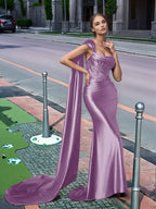 One Shoulder Lace Long Prom Dress With Drop Train