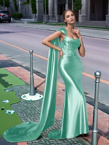 One Shoulder Lace Long Prom Dress With Drop Train