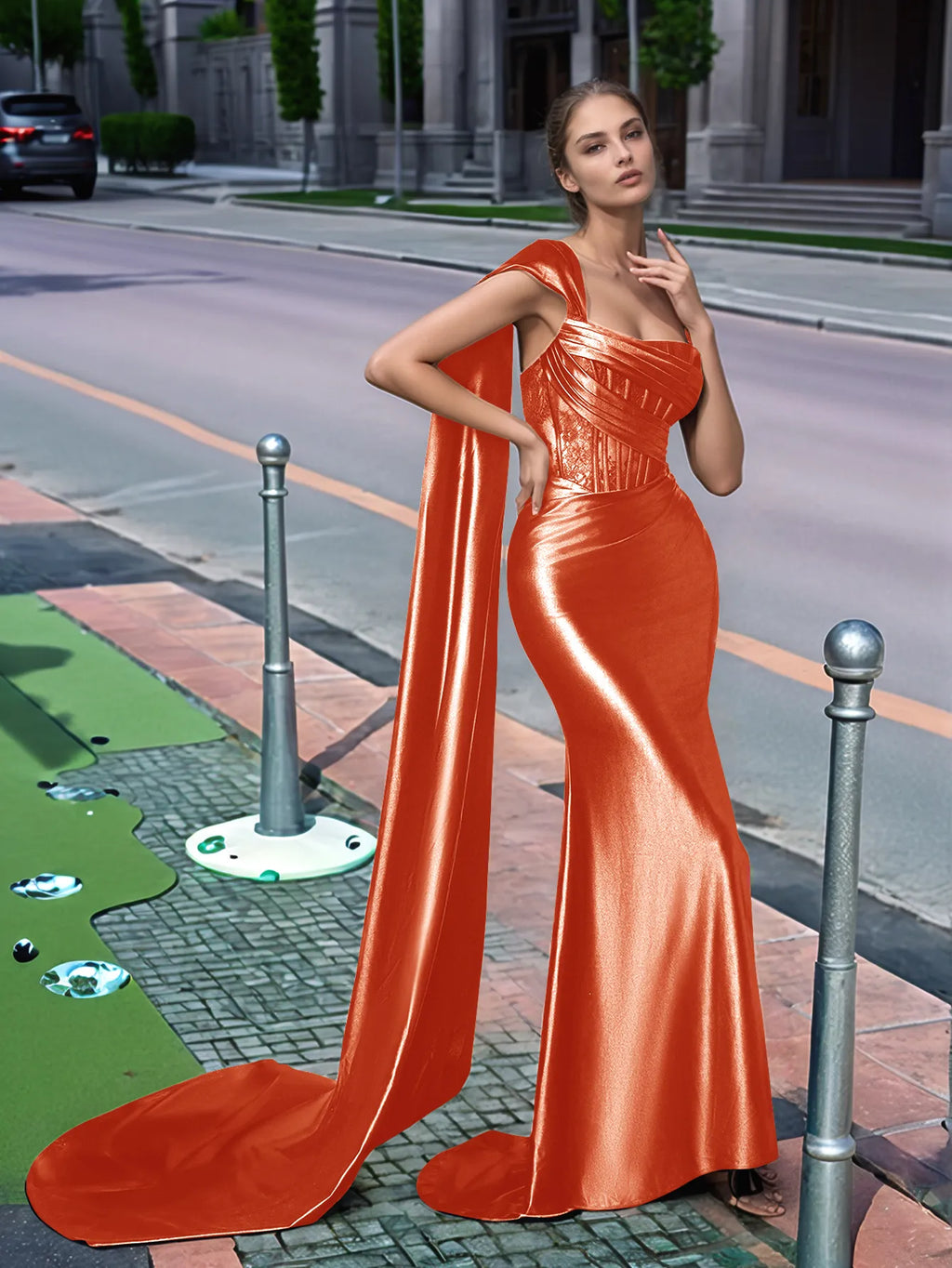 One Shoulder Lace Long Prom Dress With Drop Train