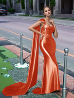 One Shoulder Lace Long Prom Dress With Drop Train