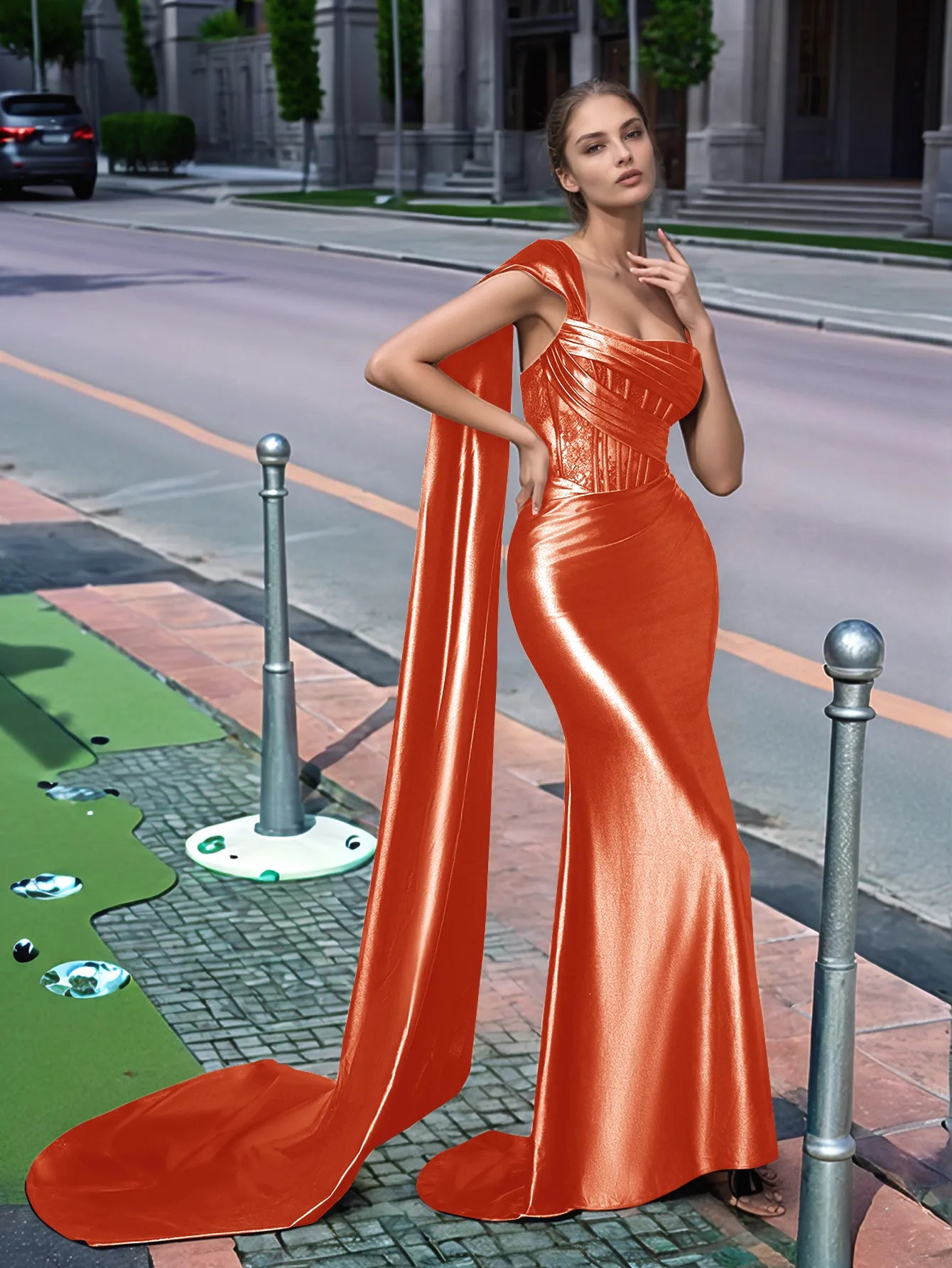 One Shoulder Lace Long Prom Dress With Drop Train