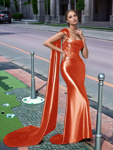 One Shoulder Lace Long Prom Dress With Drop Train