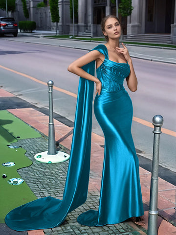 One Shoulder Lace Long Prom Dress With Drop Train