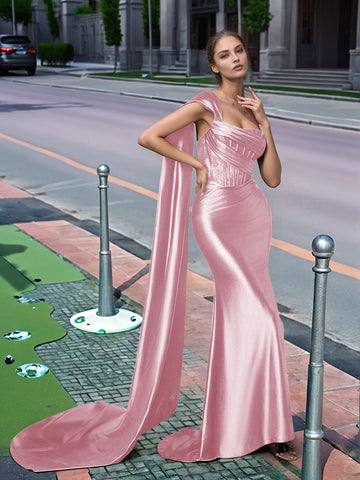 One Shoulder Lace Long Prom Dress With Drop Train