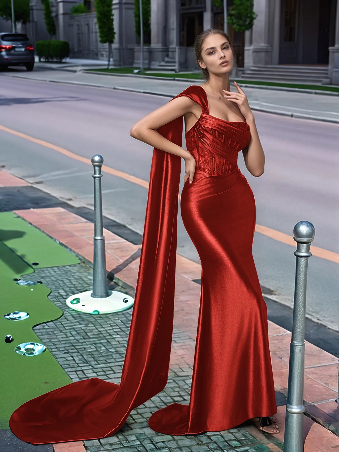 One Shoulder Lace Long Prom Dress With Drop Train
