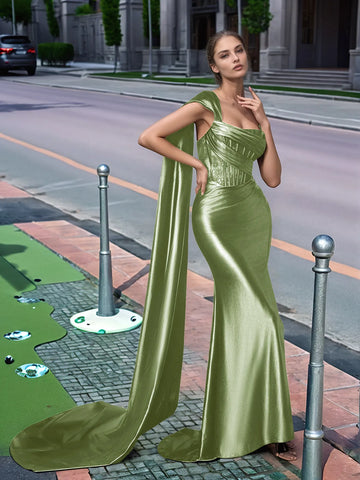 One Shoulder Lace Long Prom Dress With Drop Train