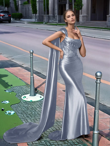 One Shoulder Lace Long Prom Dress With Drop Train