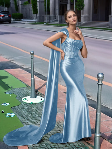 One Shoulder Lace Long Prom Dress With Drop Train