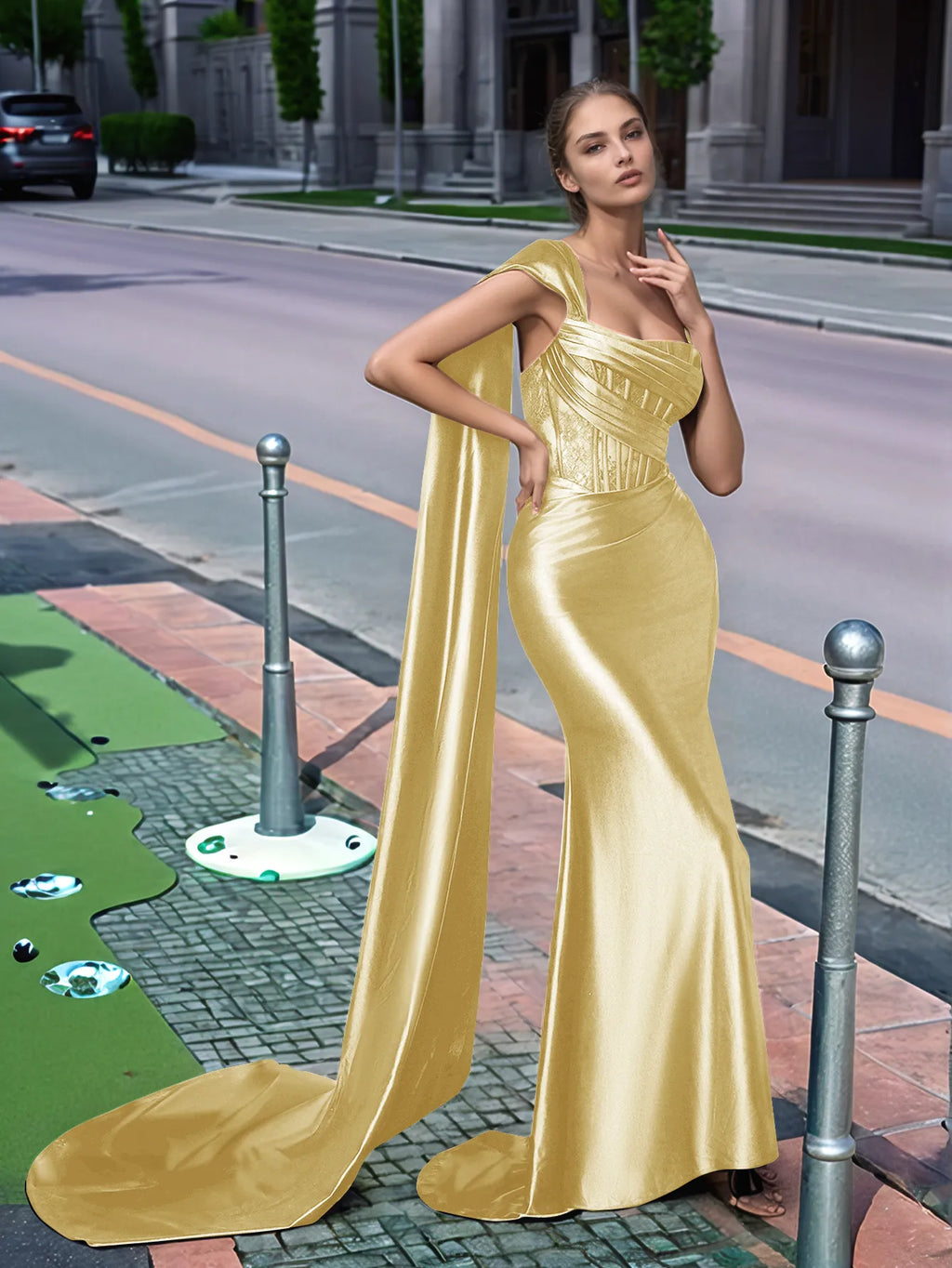 One Shoulder Lace Long Prom Dress With Drop Train