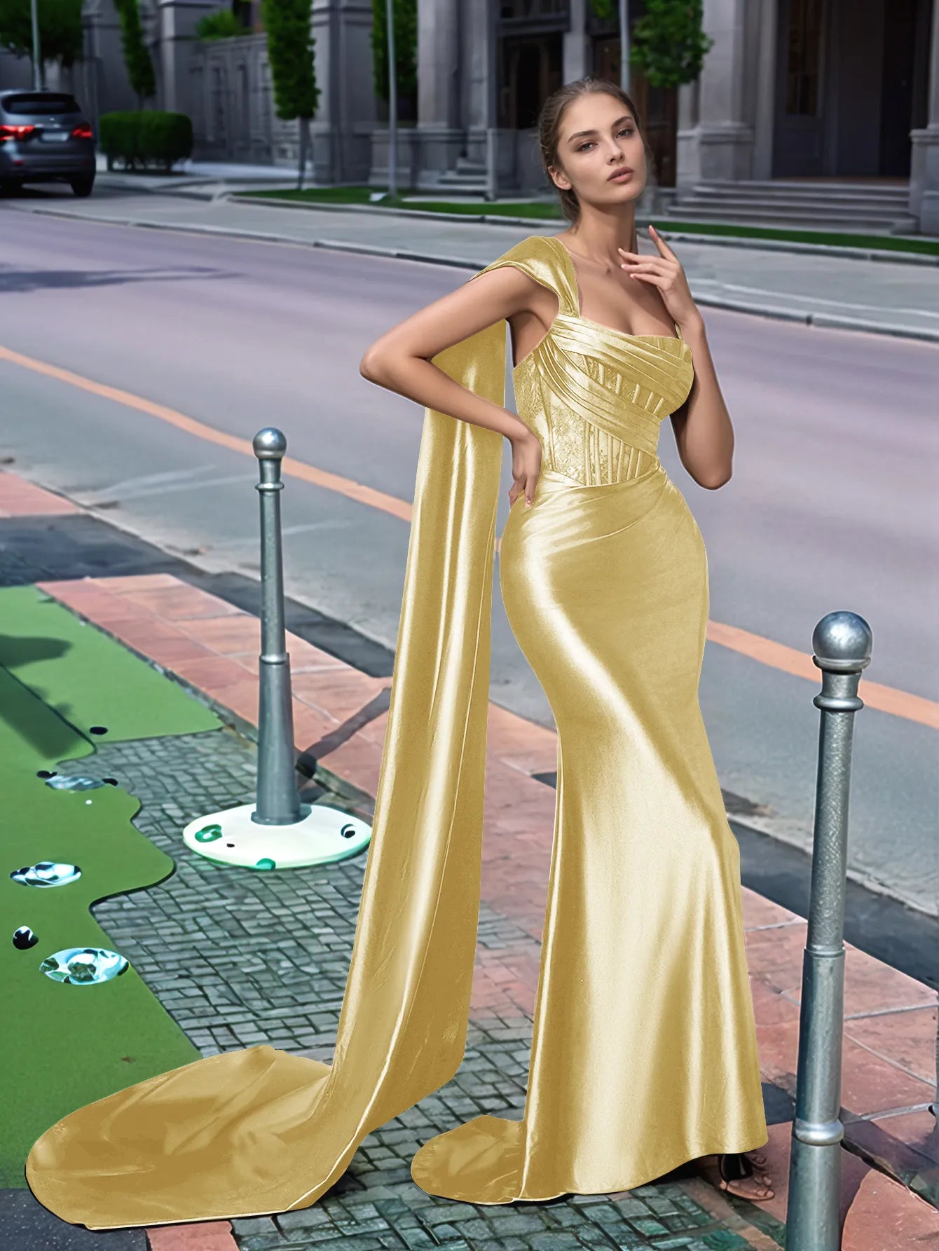 One Shoulder Lace Long Prom Dress With Drop Train