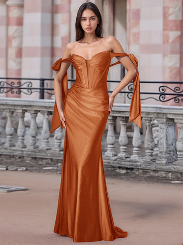 Off Shoulder Lace Up Bow Trumpet Prom Dress