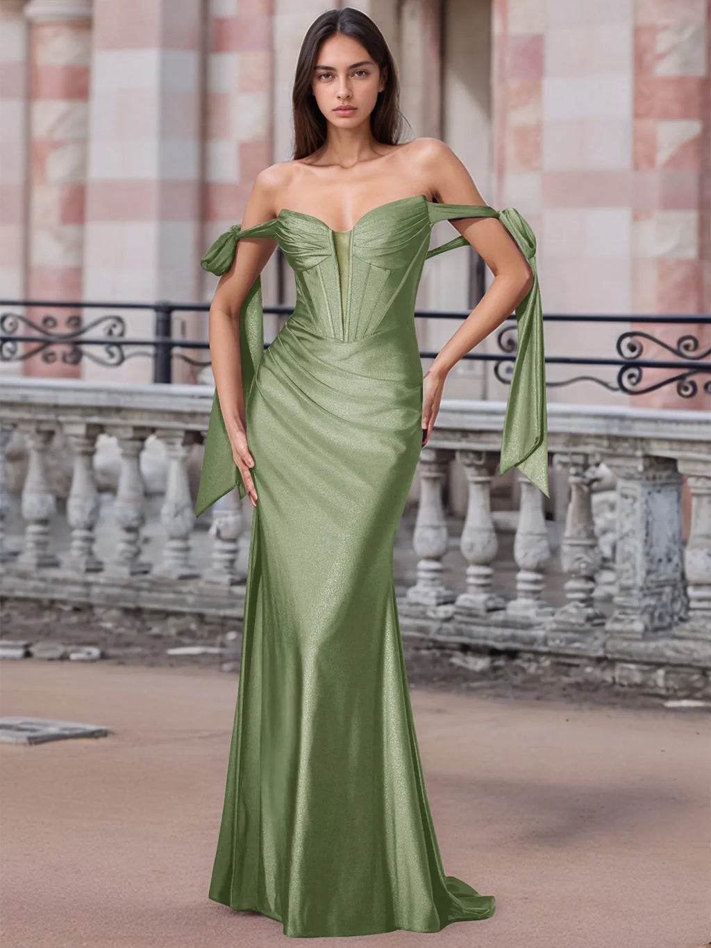 Off Shoulder Lace Up Bow Trumpet Prom Dress
