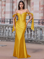 Off Shoulder Lace Up Bow Trumpet Prom Dress