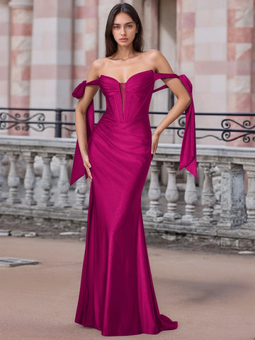 Off Shoulder Lace Up Bow Trumpet Prom Dress