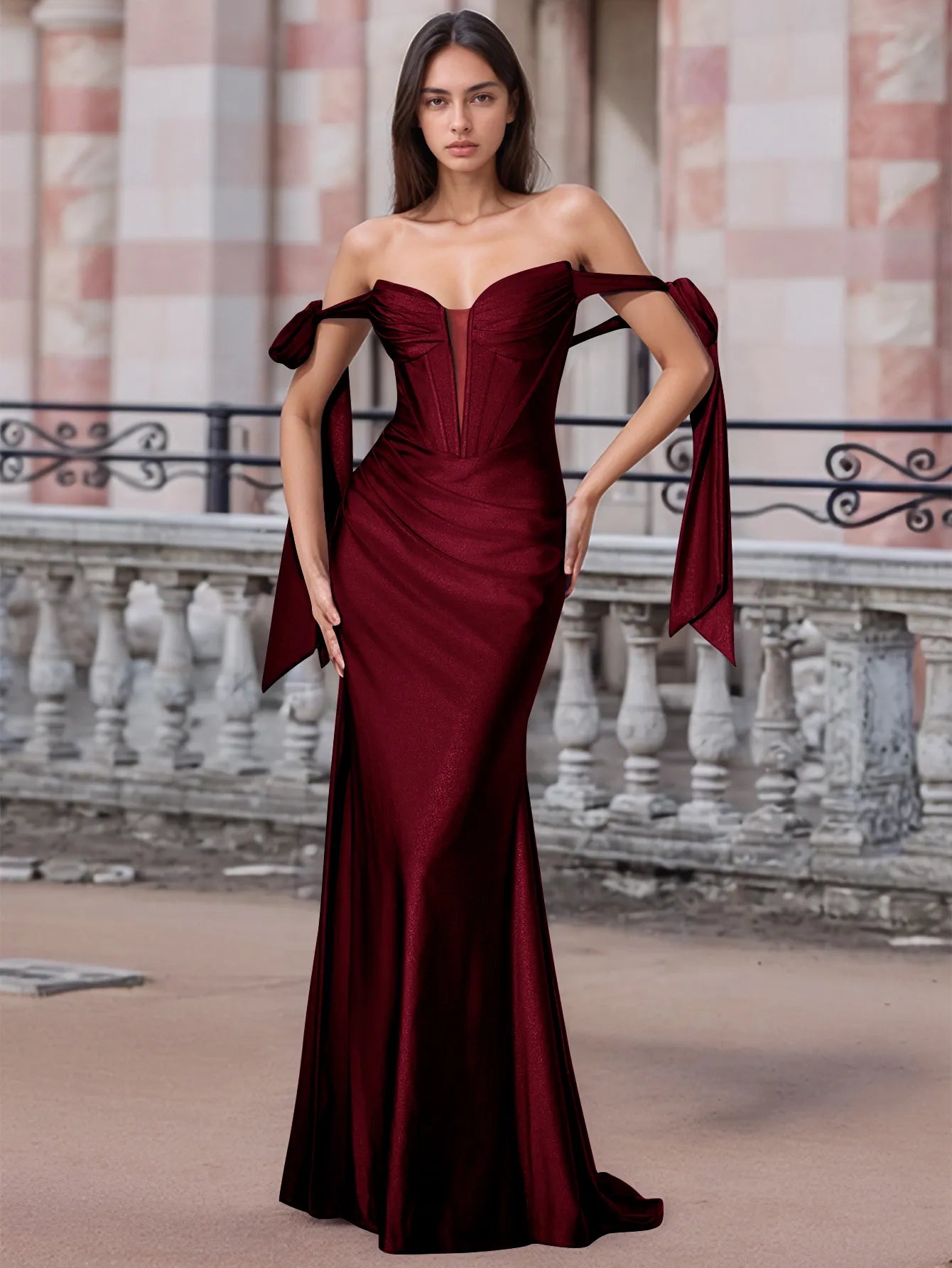 Off Shoulder Lace Up Bow Trumpet Prom Dress