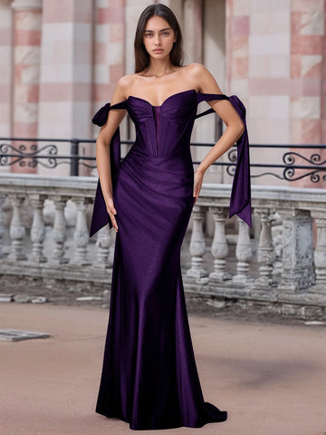 Off Shoulder Lace Up Bow Trumpet Prom Dress