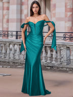 Off Shoulder Lace Up Bow Trumpet Prom Dress