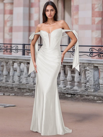 Off Shoulder Lace Up Bow Trumpet Prom Dress