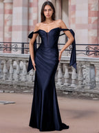 Off Shoulder Lace Up Bow Trumpet Prom Dress