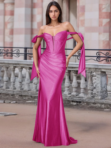 Off Shoulder Lace Up Bow Trumpet Prom Dress