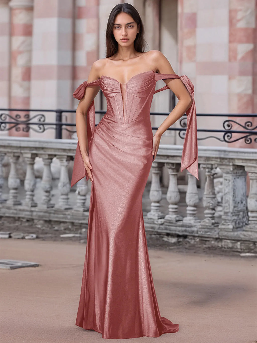 Off Shoulder Lace Up Bow Trumpet Prom Dress