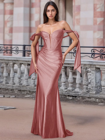 Off Shoulder Lace Up Bow Trumpet Prom Dress