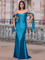 Off Shoulder Lace Up Bow Trumpet Prom Dress