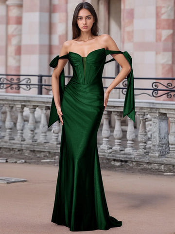 Off Shoulder Lace Up Bow Trumpet Prom Dress