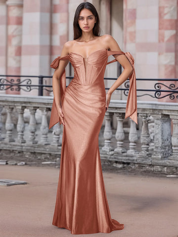 Off Shoulder Lace Up Bow Trumpet Prom Dress