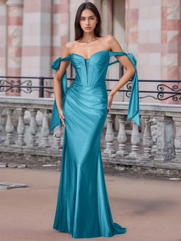 Off Shoulder Lace Up Bow Trumpet Prom Dress