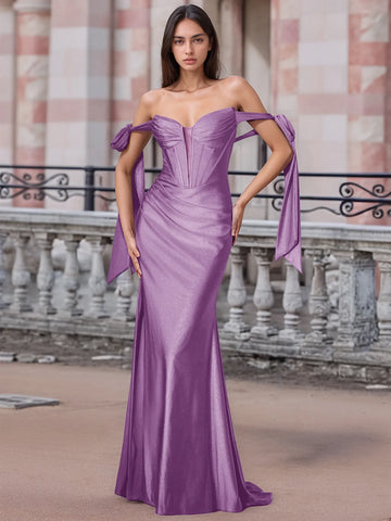 Off Shoulder Lace Up Bow Trumpet Prom Dress