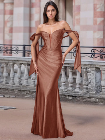 Off Shoulder Lace Up Bow Trumpet Prom Dress