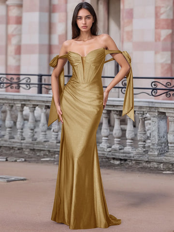 Off Shoulder Lace Up Bow Trumpet Prom Dress