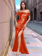 Wrinkled Off Shoulder Trumpet Long Prom Dress