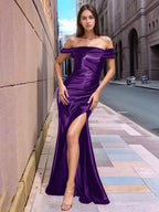 Wrinkled Off Shoulder Trumpet Long Prom Dress