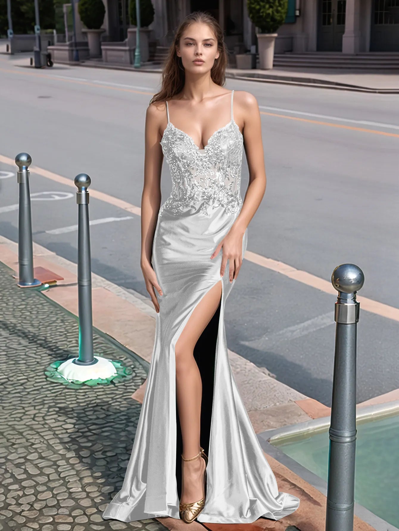 Sparkly Lace Sheer Bodice Long Mermaid Prom Dress