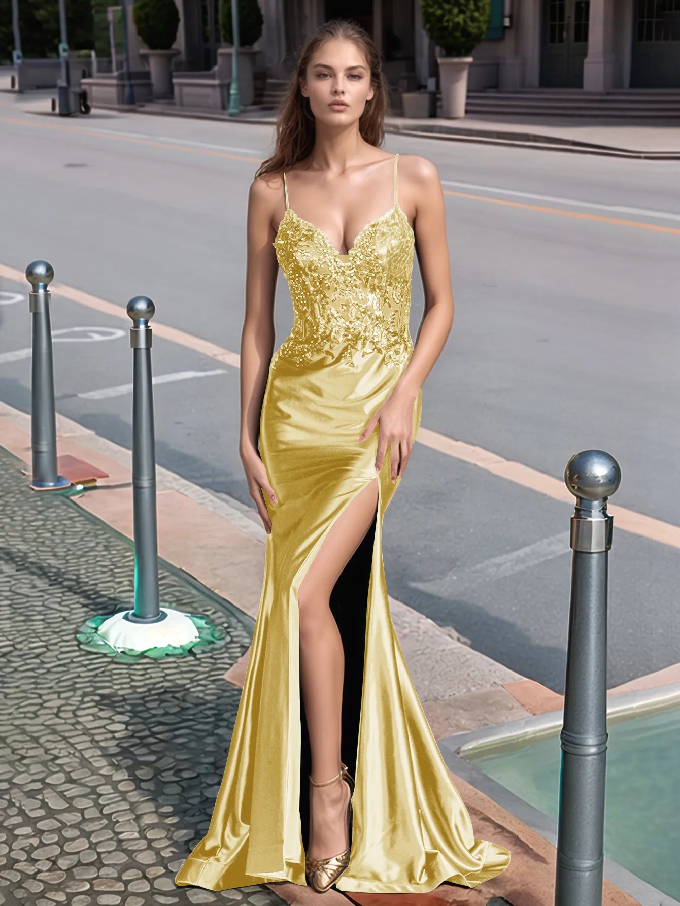 Sparkly Lace Sheer Bodice Long Mermaid Prom Dress