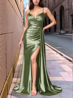 Draped V-neck Satin Prom Dress with Slit