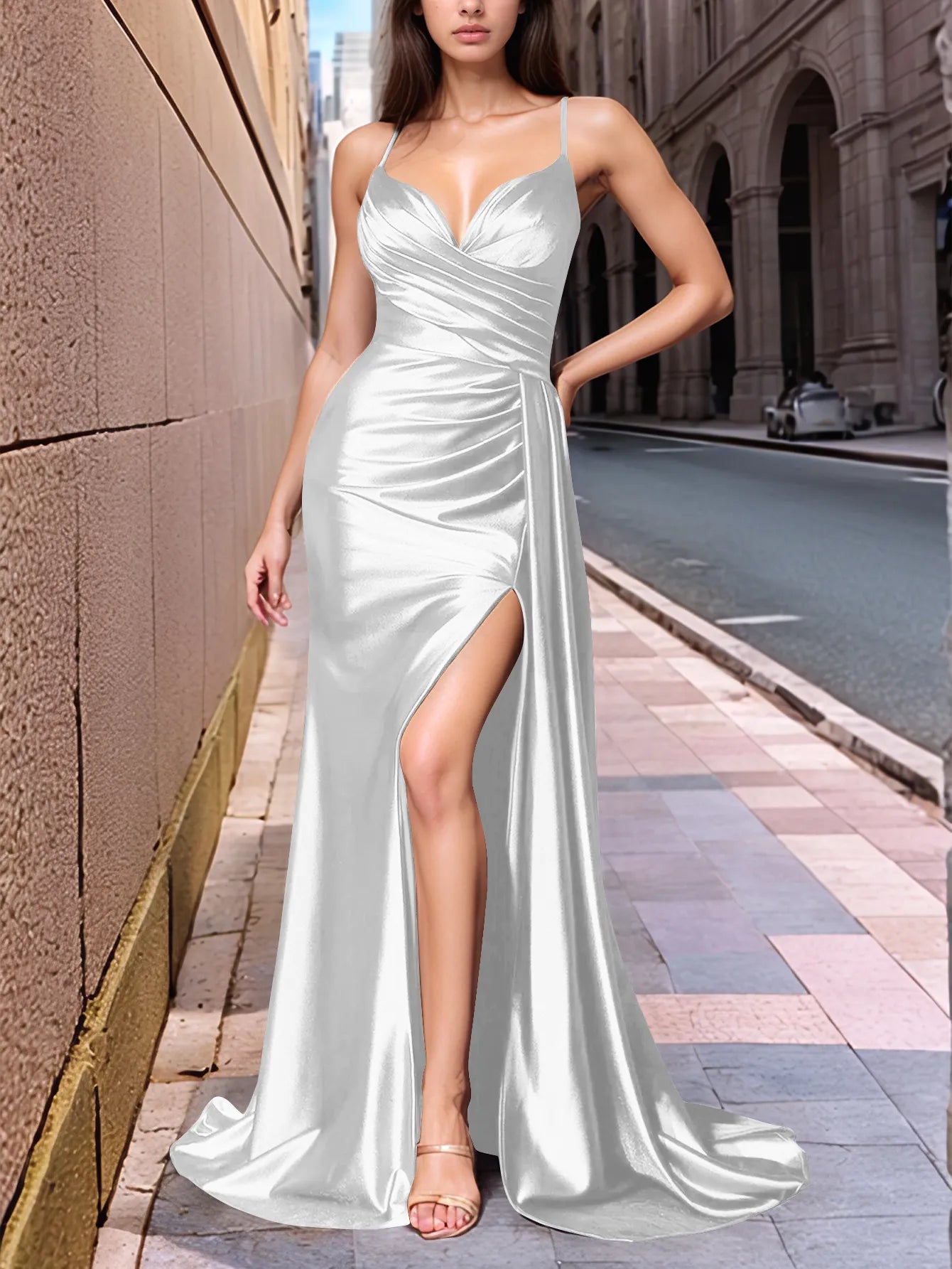 Draped V-neck Satin Prom Dress with Slit