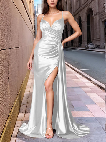 Draped V-neck Satin Prom Dress with Slit