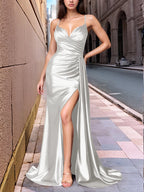 Draped V-neck Satin Prom Dress with Slit