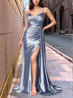 Draped V-neck Satin Prom Dress with Slit