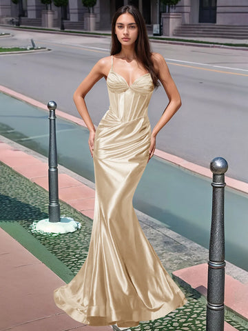 Vestido largo de sirena con escote en V plisado y boiced para baile de graduación