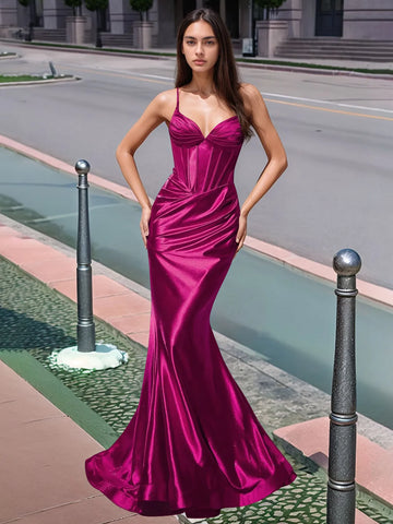 Vestido largo de sirena con escote en V plisado y boiced para baile de graduación
